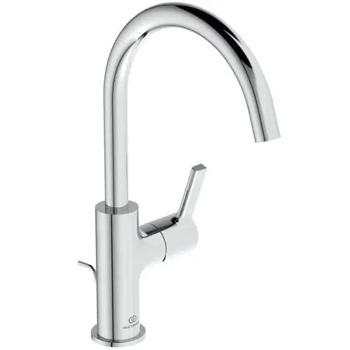 Chromfarbene Waschtischarmatur von Ideal Standard mit gewölbtem Auslauf und seitlichem Hebel zum Regulieren des Wasserflusses.